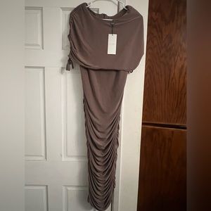 CLUB L LONDON MOCHA RUCHED BARDOT MATERNITY MIDI DRESS Size 6